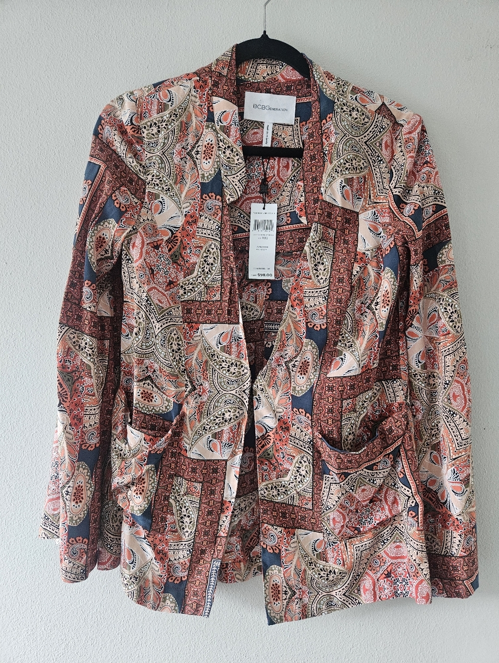 BCBGMAXAZRIA NWT Women's Paisley Print Open Front Jacket - Rust Multi